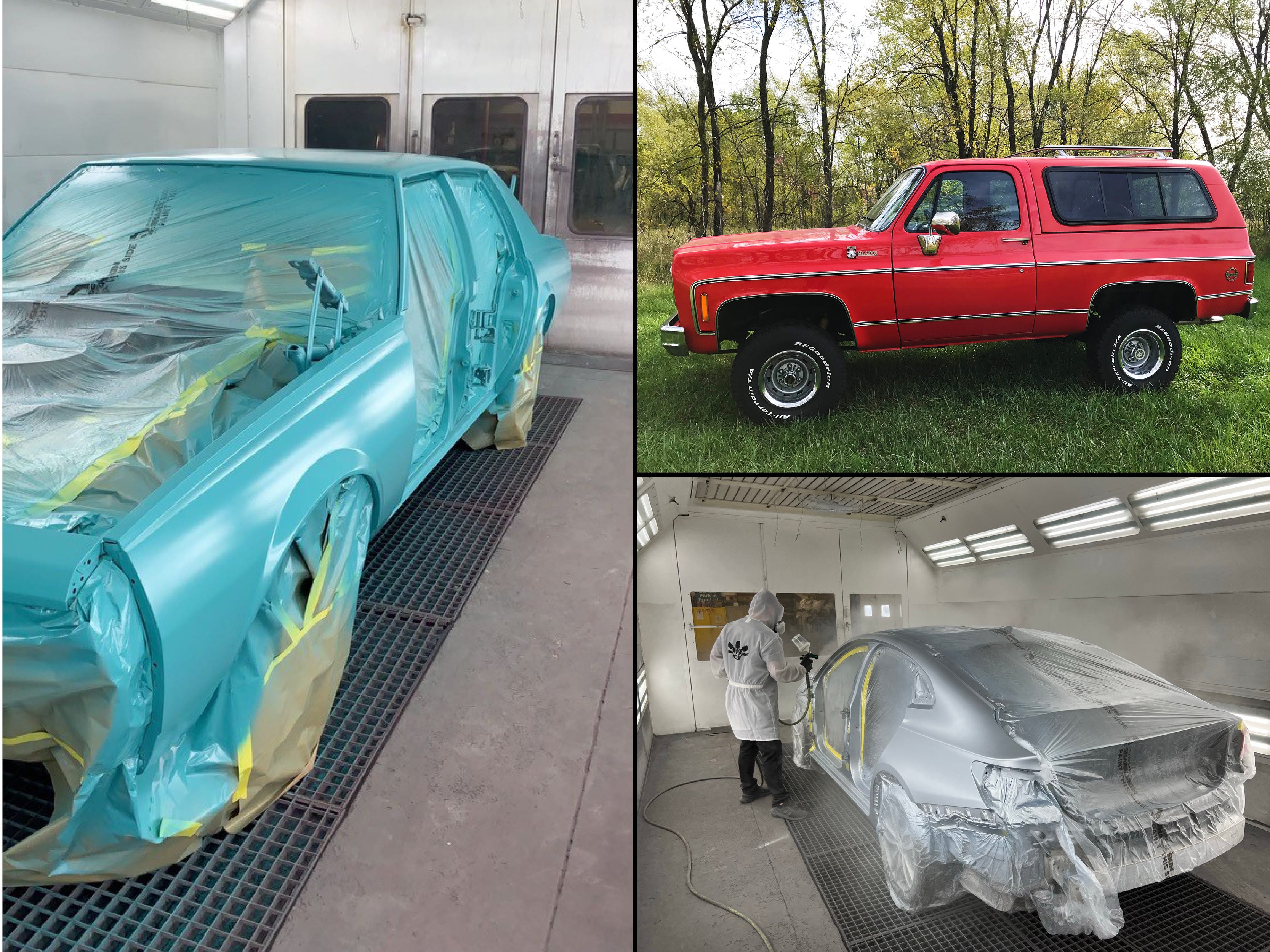 teal classic car, red blazer, silver car